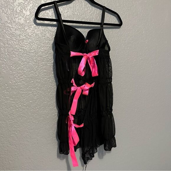 🍄Native intimates black & bright pink bow lingerie babydoll open back top/dress - Picture 1 of 9